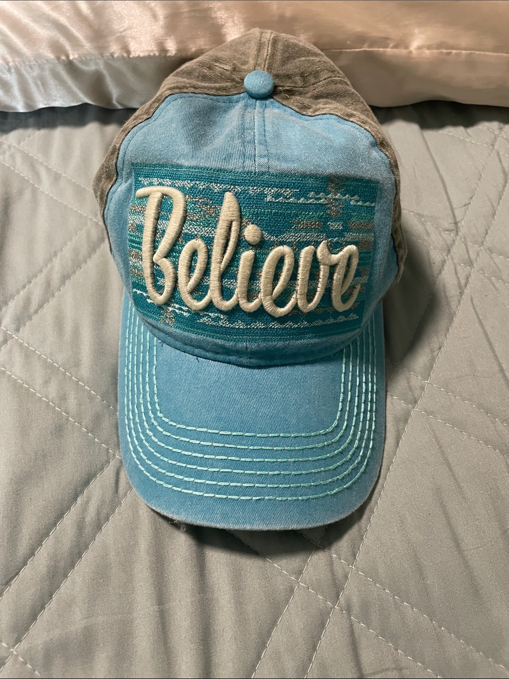 Believe Embroidered Trucker Hat in Aqua and Gray